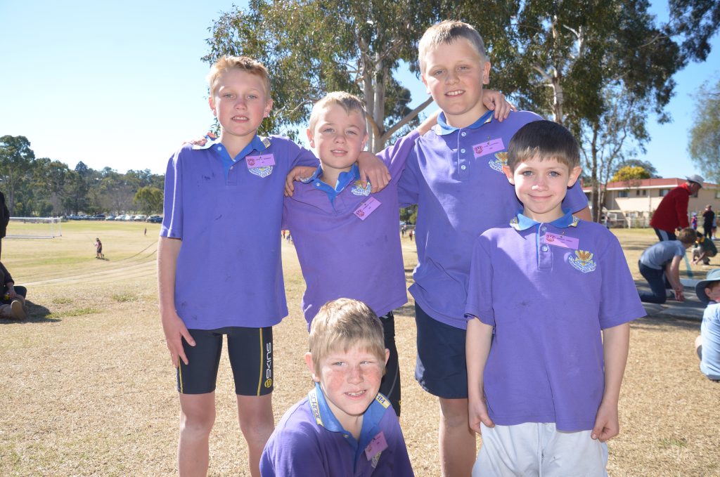 Wheatvale State School students Thomas Doherty, Harrison Colman, Lane Eastwell, Shane Scott and Robert Giddy at the Warwick Country School Sports Carnival. 